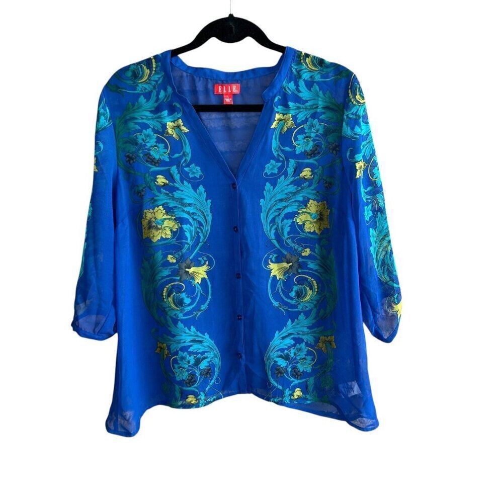 Elle Vintage 90s Y2K Blue Floral Sheer Blouse Top Size Large